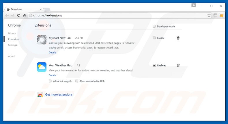 Removing search.yourweatherhub.com related Google Chrome extensions