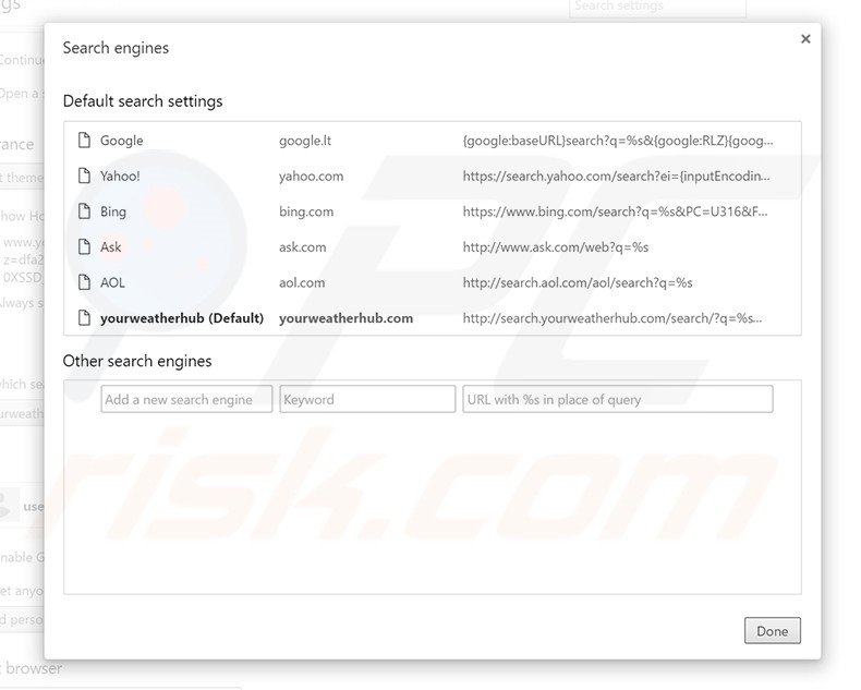 Removing search.yourweatherhub.com from Google Chrome default search engine