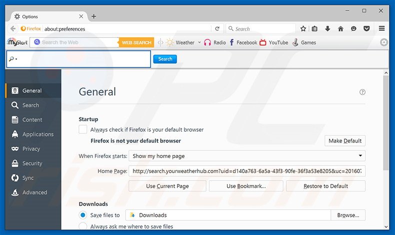 Removing search.yourweatherhub.com from Mozilla Firefox homepage
