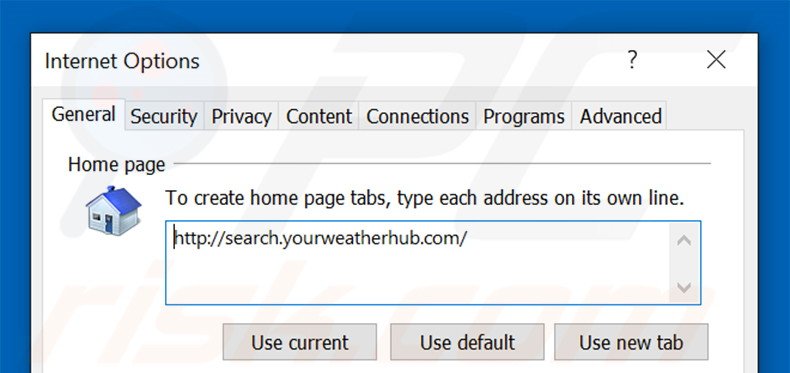 Removing search.yourweatherhub.com from Internet Explorer homepage