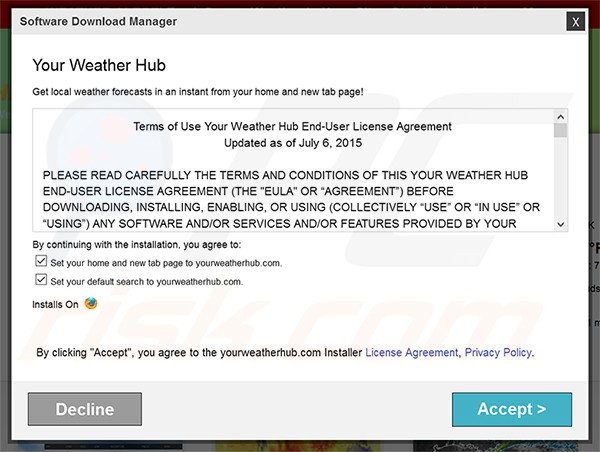 Official Your Weather Hub browser hijacker installation setup