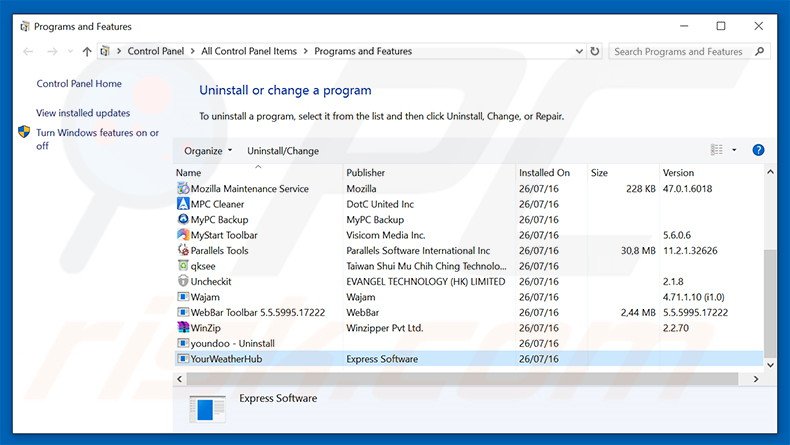 search.yourweatherhub.com browser hijacker uninstall via Control Panel