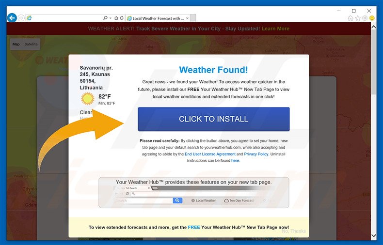 Website used to promote Your Weather Hub browser hijacker