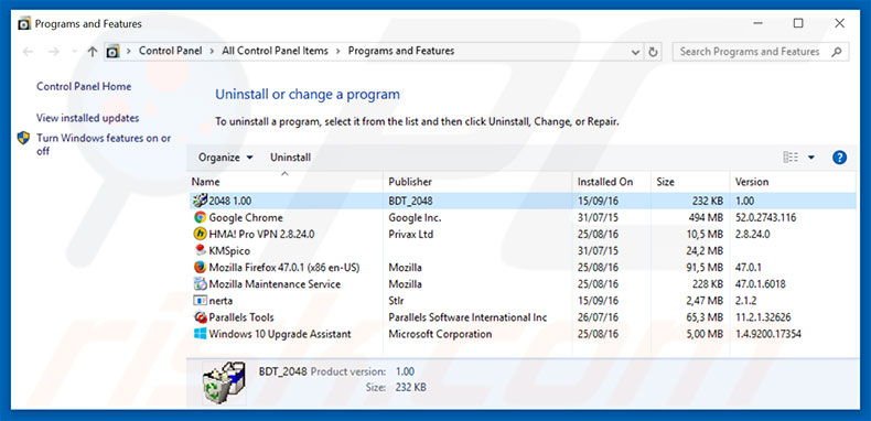 2048 adware uninstall via Control Panel