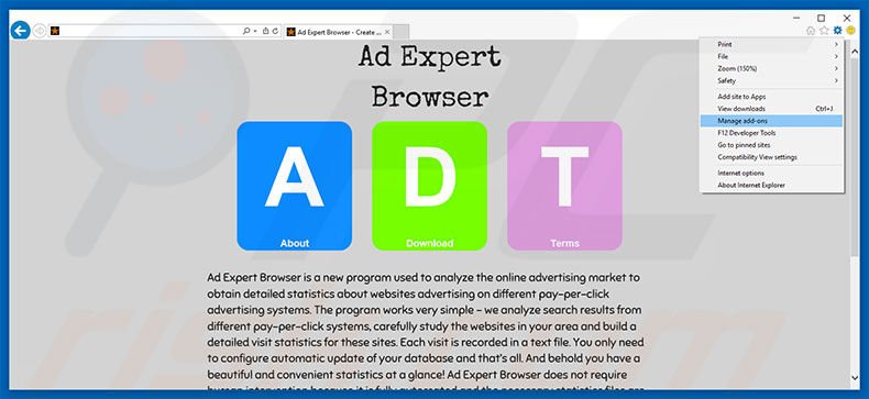 Removing Ad Expert Browser ads from Internet Explorer step 1