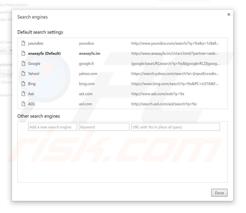 Removing anasayfa.im from Google Chrome default search engine