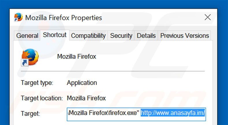 Removing anasayfa.im from Mozilla Firefox shortcut target step 2