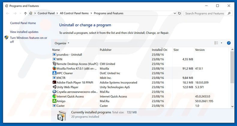 anasayfa.im browser hijacker uninstall via Control Panel