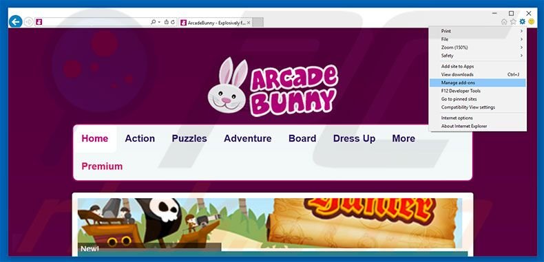 Removing ArcadeBunny ads from Internet Explorer step 1