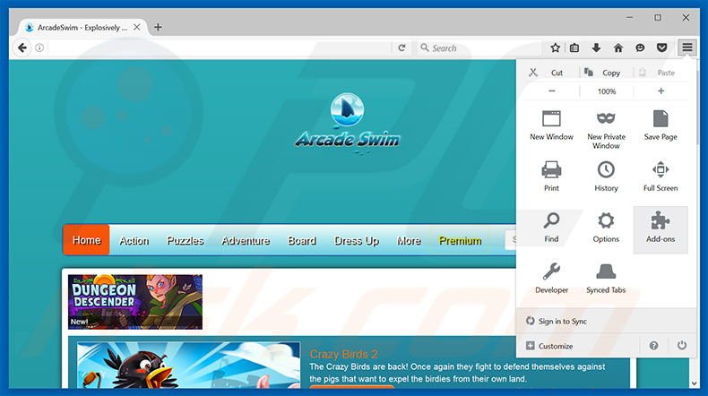 Removing ArcadeSwim ads from Mozilla Firefox step 1