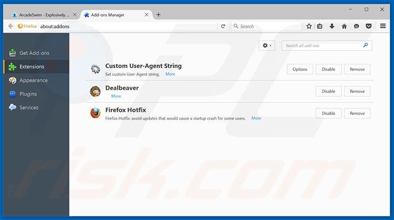 Removing ArcadeSwim ads from Mozilla Firefox step 2