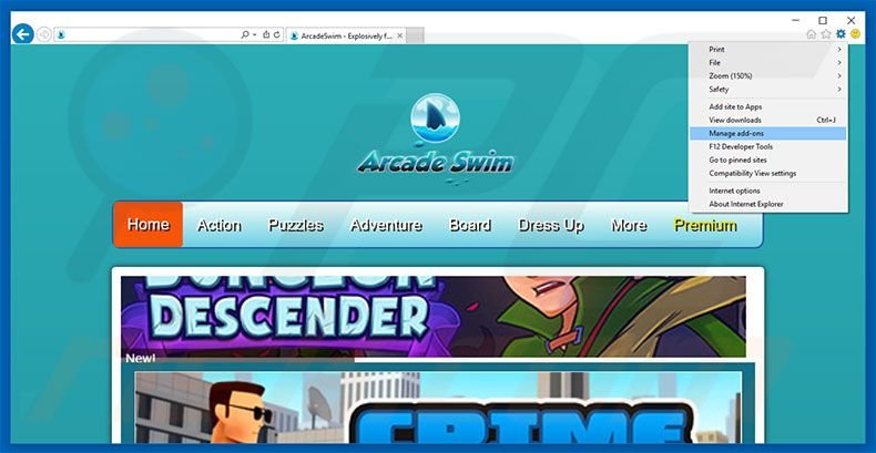 Removing ArcadeSwim ads from Internet Explorer step 1