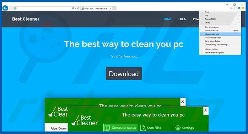 Removing BestCleaner ads from Internet Explorer step 1