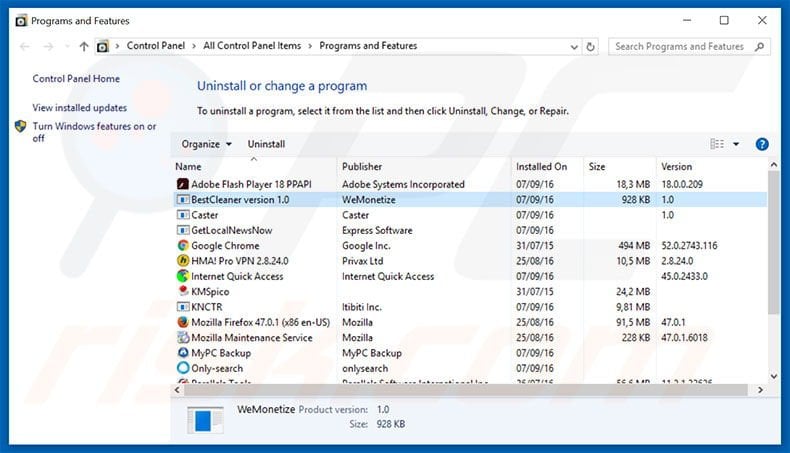 BestCleaner adware uninstall via Control Panel