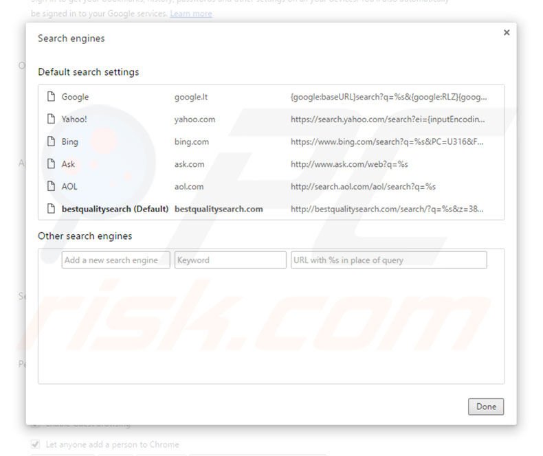 Removing bestqualitysearch.com from Google Chrome default search engine