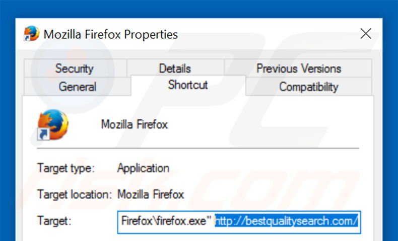 Removing bestqualitysearch.com from Mozilla Firefox shortcut target step 2