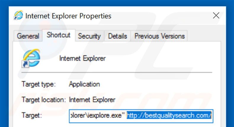 Removing bestqualitysearch.com from Internet Explorer shortcut target step 2