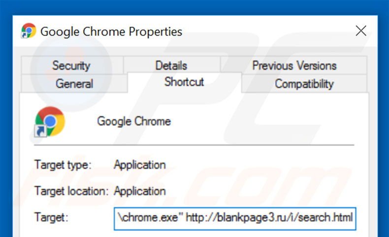 Removing blackpage3.ru from Google Chrome shortcut target step 2