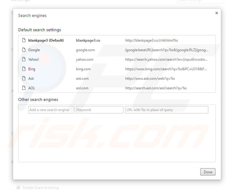 Removing blackpage3.ru from Google Chrome default search engine