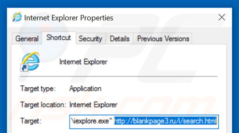 Removing blackpage3.ru from Internet Explorer shortcut target step 2