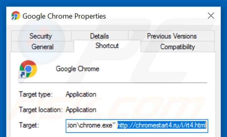 Removing chromestart4.ru from Google Chrome shortcut target step 2