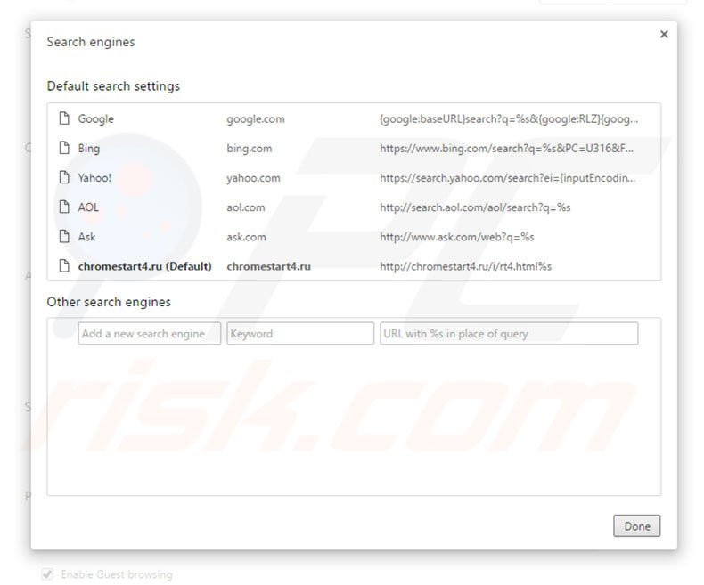 Removing chromestart4.ru from Google Chrome default search engine