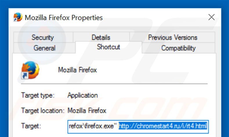Removing chromestart4.ru from Mozilla Firefox shortcut target step 2