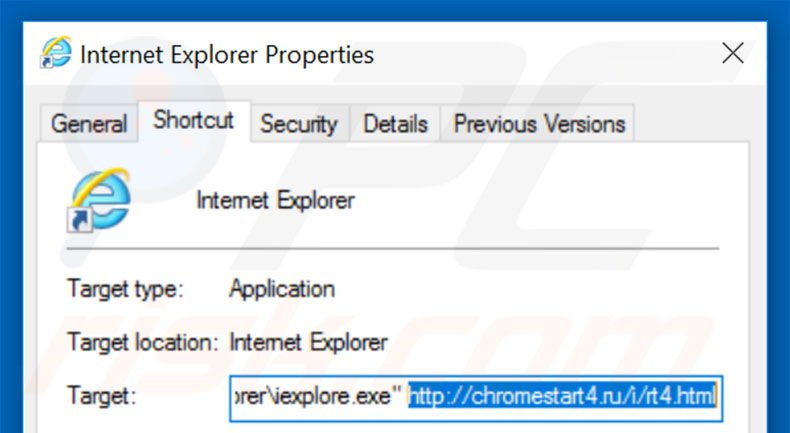 Removing chromestart4.ru from Internet Explorer shortcut target step 2