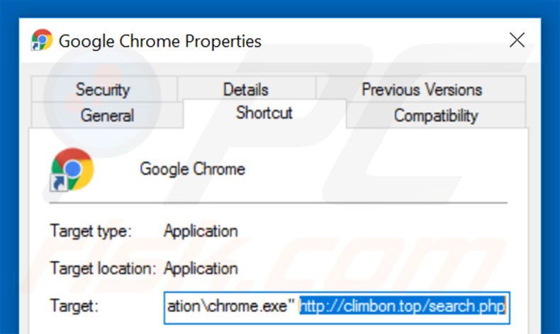 Removing climbon.top from Google Chrome shortcut target step 2
