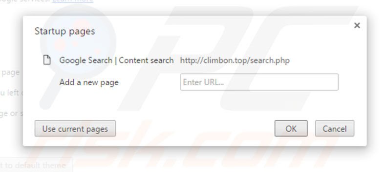 Removing climbon.top from Google Chrome homepage
