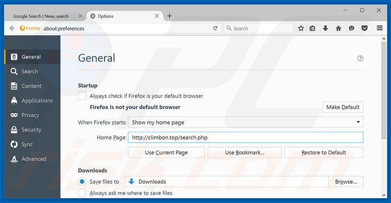 Removing climbon.top from Mozilla Firefox homepage