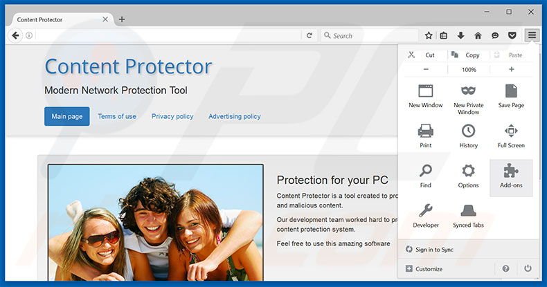 Removing Content Protector ads from Mozilla Firefox step 1