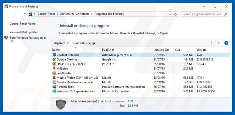 Content Protector adware uninstall via Control Panel