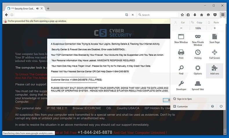 Removing Cyber Security Warning ads from Mozilla Firefox step 1