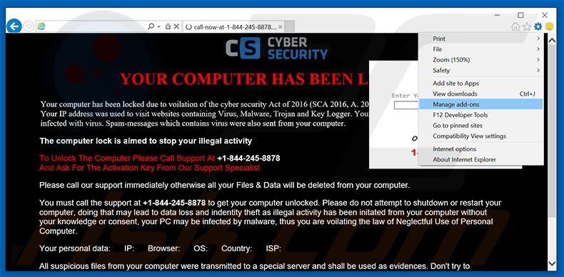 Removing Cyber Security Warning ads from Internet Explorer step 1