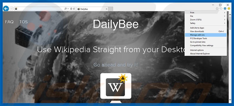 Removing DailyBee ads from Internet Explorer step 1