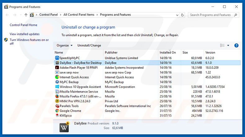 DailyBee adware uninstall via Control Panel