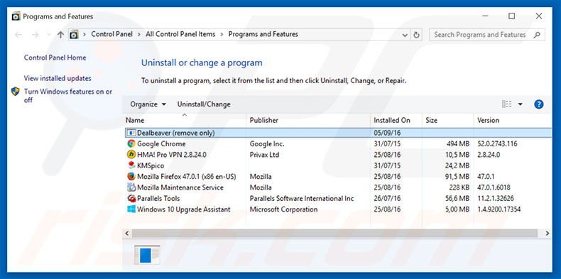 Dealbeaver adware uninstall via Control Panel