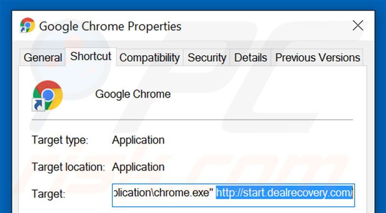 Removing start.dealrecovery.com from Google Chrome shortcut target step 2