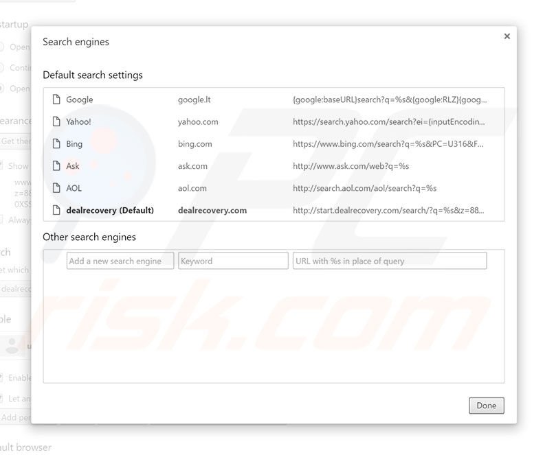 Removing start.dealrecovery.com from Google Chrome default search engine