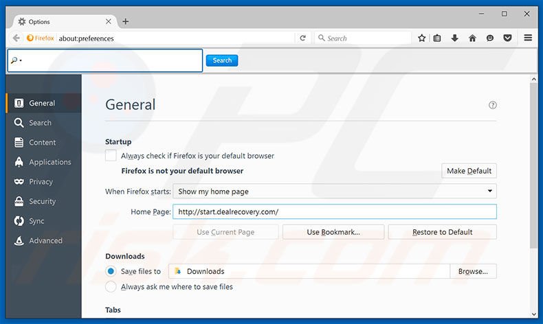 Removing start.dealrecovery.com from Mozilla Firefox homepage