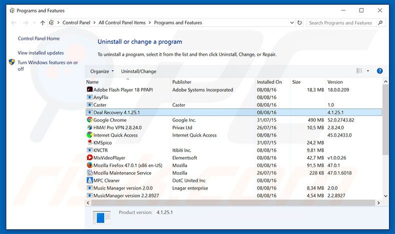 start.dealrecovery.com browser hijacker uninstall via Control Panel