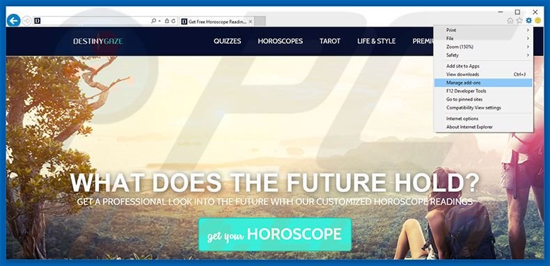 Removing DestinyGaze ads from Internet Explorer step 1