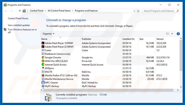 DestinyGaze adware uninstall via Control Panel