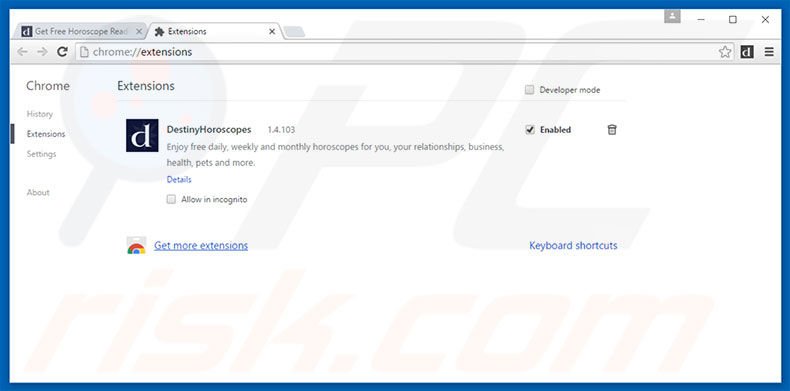 Removing DestinyHoroscopes ads from Google Chrome step 2