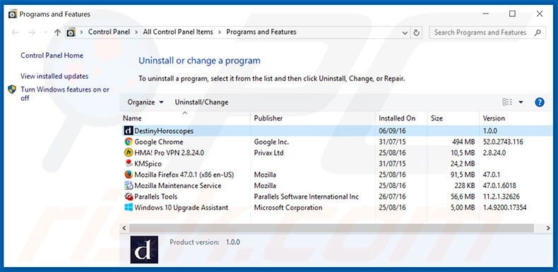 DestinyHoroscopes adware uninstall via Control Panel