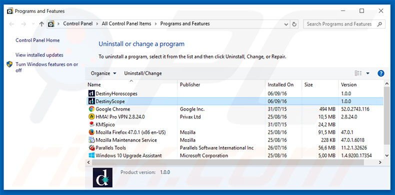 DestinyScope adware uninstall via Control Panel