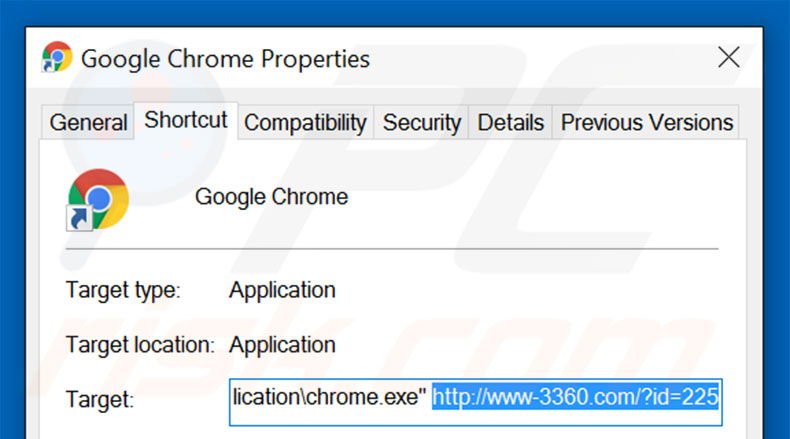 Removing duba.com/?un_449343_4125 from Google Chrome shortcut target step 2
