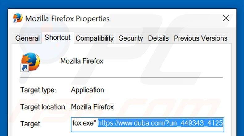 Removing duba.com/?un_449343_4125 from Mozilla Firefox shortcut target step 2