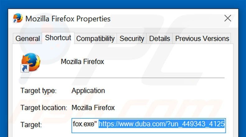 Removing duba.com/?un_449343_4125 from Mozilla Firefox shortcut target step 2